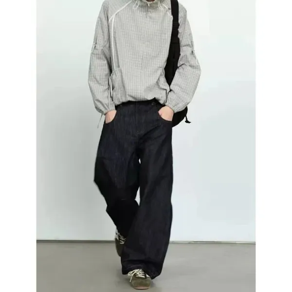 Design Grid-Check Windbreaker Jacket Gray, Wide-Leg Denim Jeans Dark Blue, Olive Canvas Sneakers Outerwear - 5