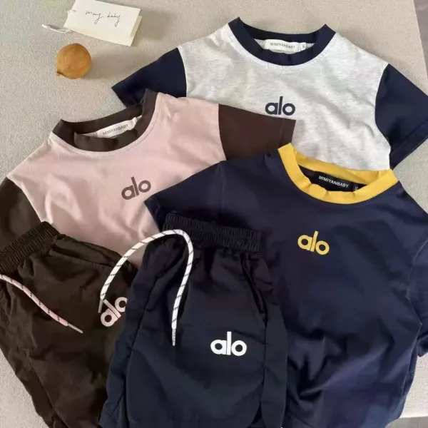 Alo Yoga Color-Block Logo T-Shirt and Shorts Set Pink / Brown - 2