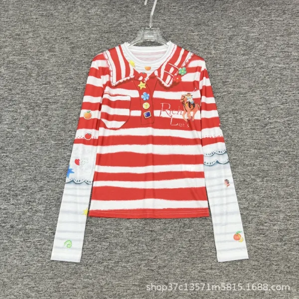 Design Striped Collar Polo Shirt Red White - 1