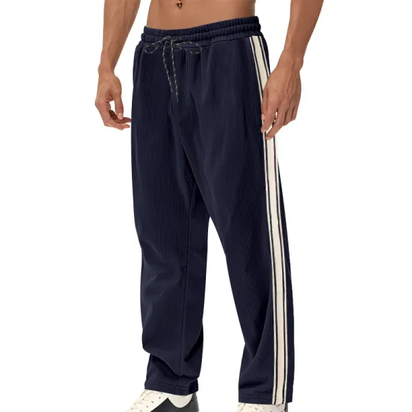 Design Corduroy Track Pants Black with White Stripes Sweatpants - 7