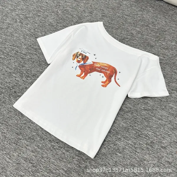 Design Dachshund Illustration Off-Shoulder White T-Shirt - 6