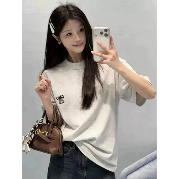 Design Embroidered Bow T-Shirt Gray - 8