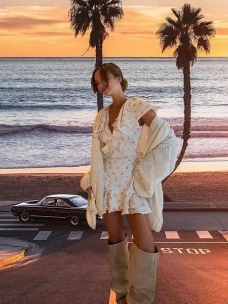 Design Floral Ruffle Wrap Mini Dress with Knit Cardigan and Suede Knee-High Boots - 4