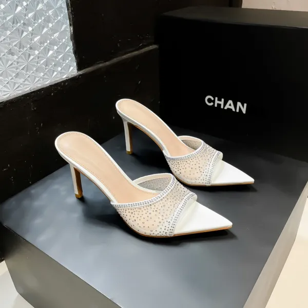 Design Mesh-Embellished Pointed-Toe Mule Heels Black - 14