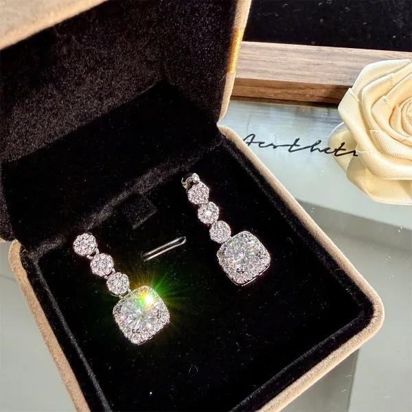 Design Cushion Cut Drop Earrings with Pave Crystals Silver Jewelry - 10