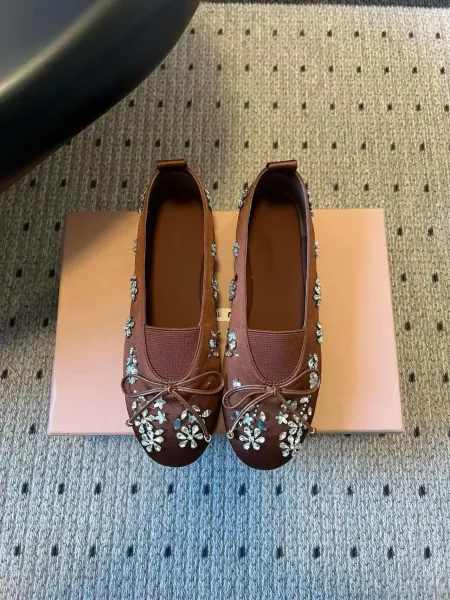 Miu Miu Floral Embellished Bow Ballet Flats Brown Casual Shoes - 1