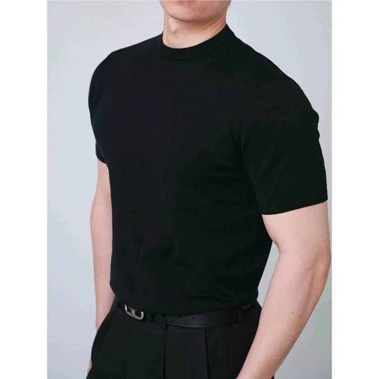 Premium Cotton 60s Knit T-Shirt Brown Black White Navy Classic Crew Neck
