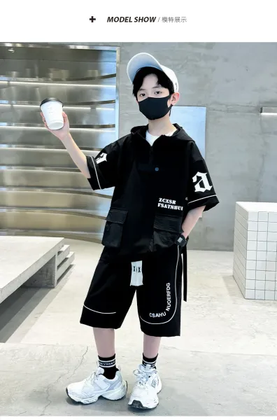 Design Short-Sleeve Hooded Jacket and Shorts Set Black Streetwear Outfit - 10