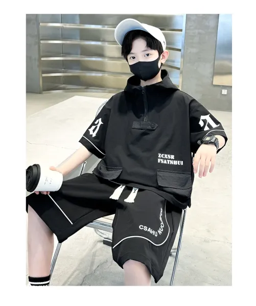 Design Short-Sleeve Hooded Jacket and Shorts Set Black Streetwear Outfit - 14