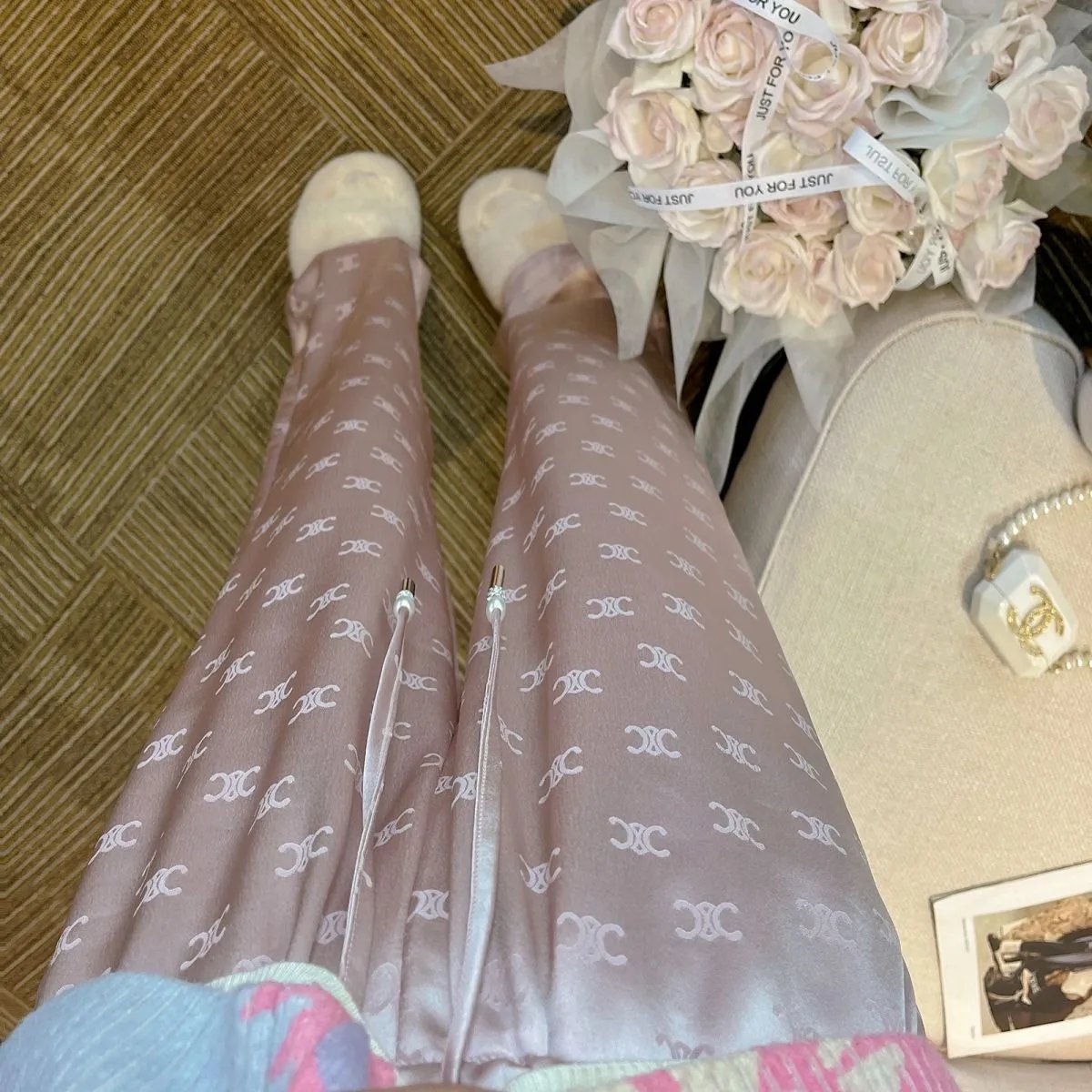 Design Logo-Print Satin Wide-Leg Pants Lime Green - 4