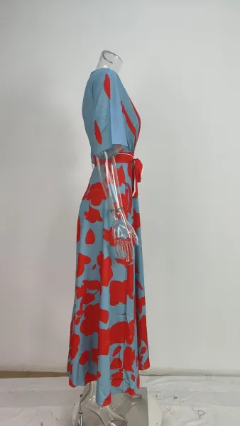 Design Floral Print V-Neck Wrap Maxi Dress in Light Blue and Red - 13