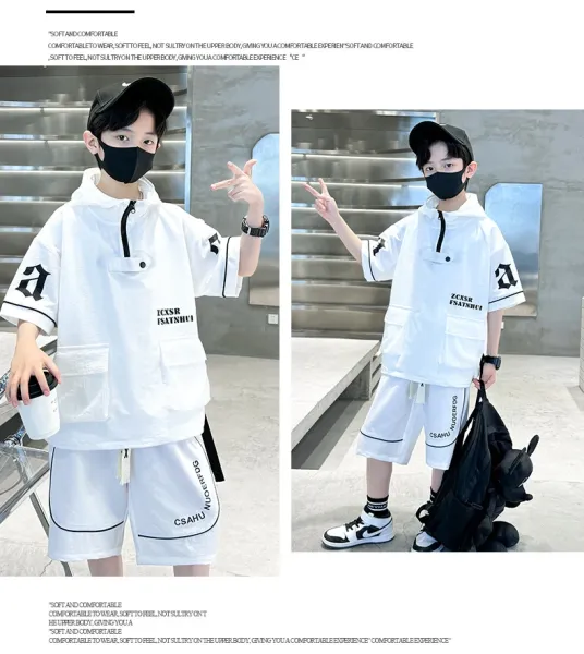 Design Short-Sleeve Hooded Jacket and Shorts Set Black Streetwear Outfit - 27