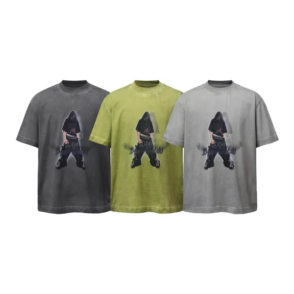 Design Graphic Print Washed Gray T-Shirt - 4