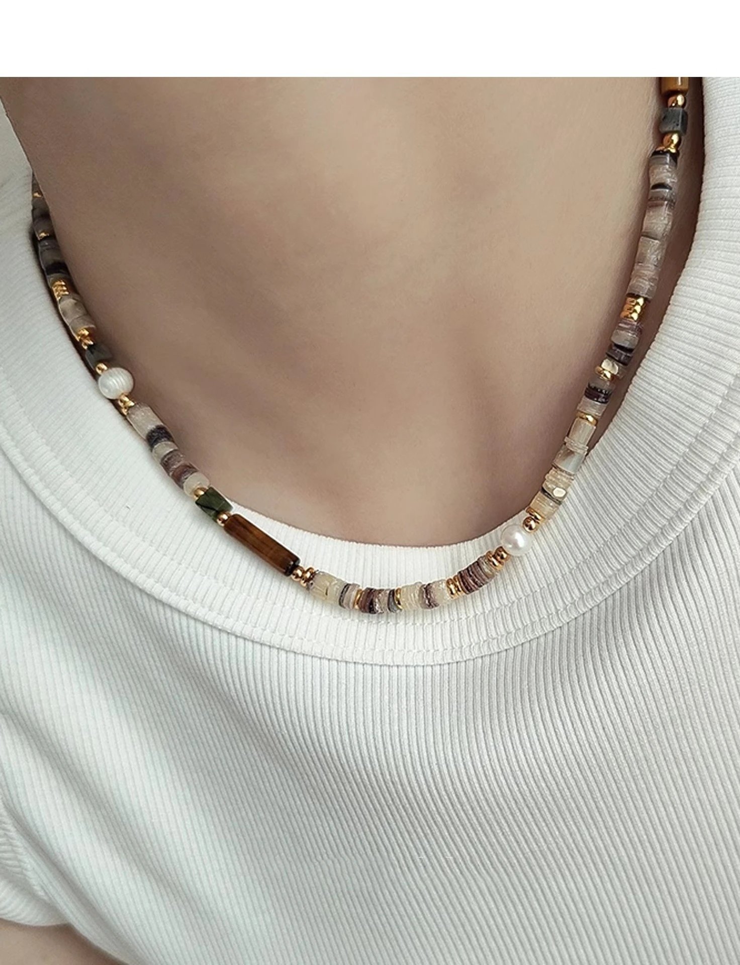 Design Handmade Shell and Pearl Bead Bracelet with Gold-Tone Chain Jewelry - 17