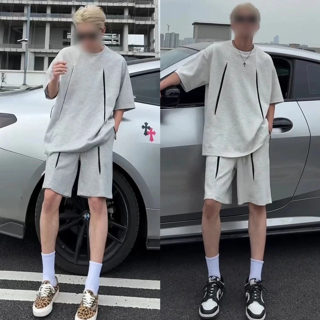 Design Oversized Split-Panel Gray T-Shirt and Shorts Set - 3