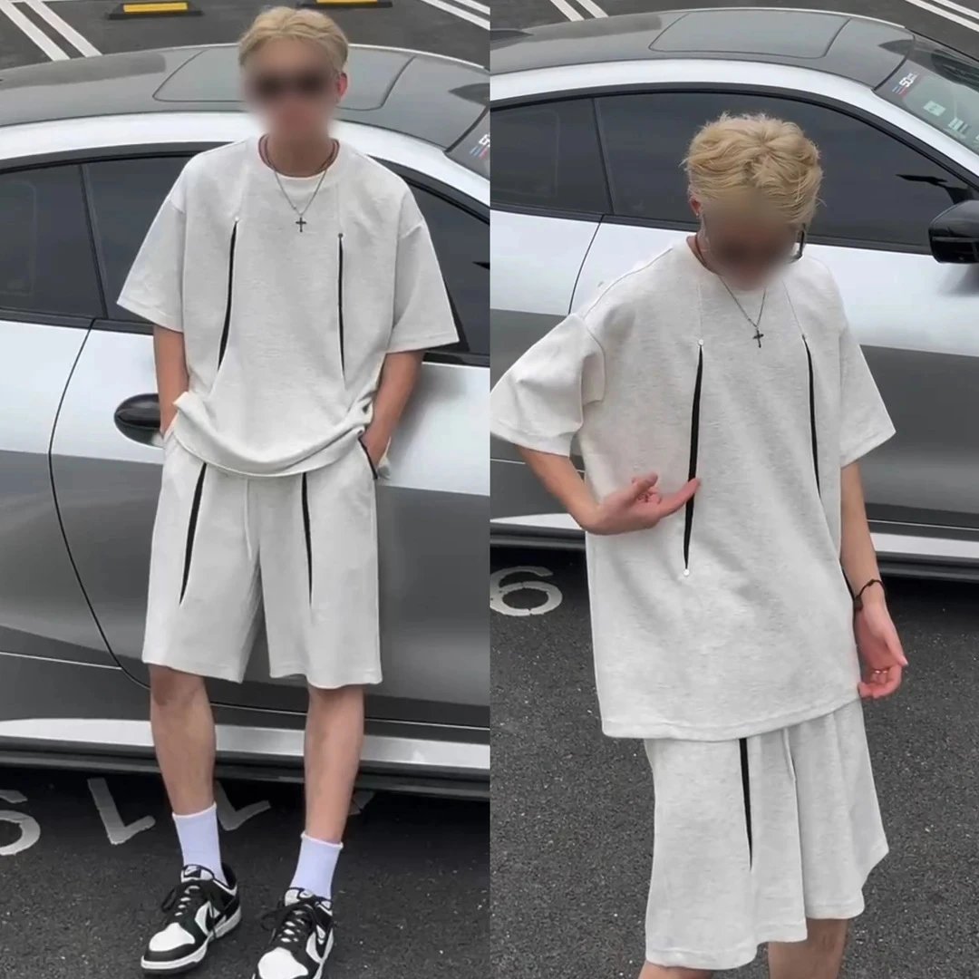 Design Oversized Split-Panel Gray T-Shirt and Shorts Set - 4