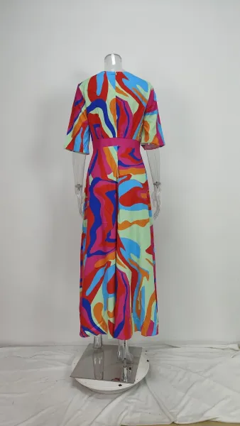 Design Floral Print V-Neck Wrap Maxi Dress in Light Blue and Red - 35