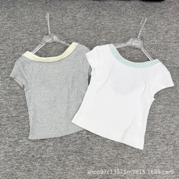 Design Bow-Neck Tie Detail White T-Shirt with Mint Green Trim - 6