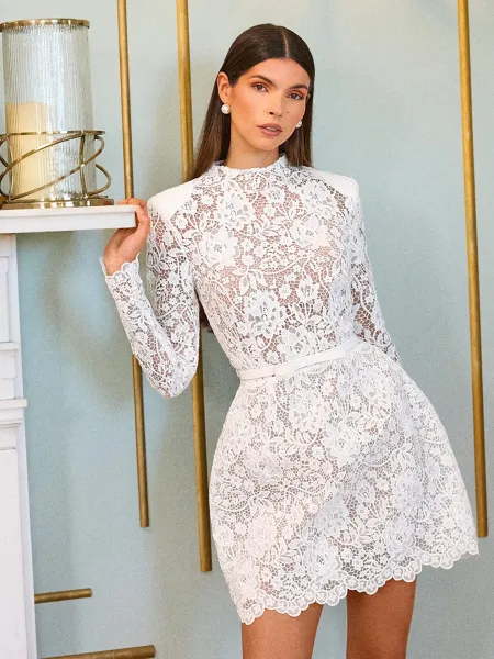 Design Floral Lace High-Neck Mini Dress Pink - 8