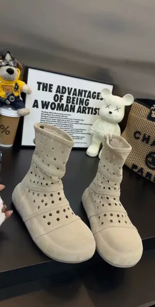 Design Perforated Suede Ankle Boots Beige Boots - 2