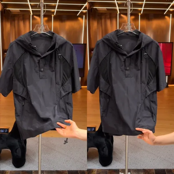 Design Short-Sleeve Hooded Windbreaker Black Outerwear - 5