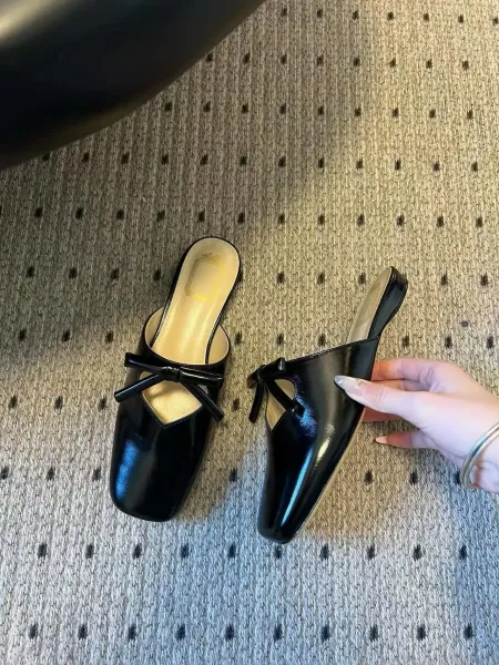 Design Black Bow-Embellished Square-Toe Mules Slippers - 23