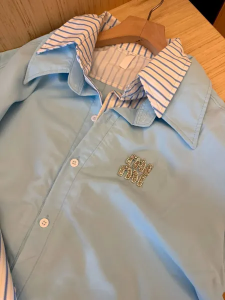 Miu Miu Striped Collar Shirt in Sky Blue - 7