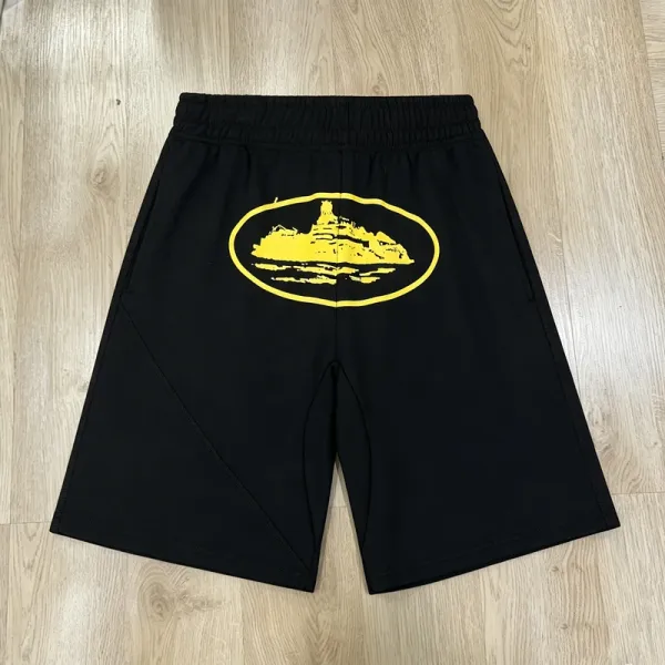 Design Graphic Print Black Shorts with Yellow Oval Logo - 1