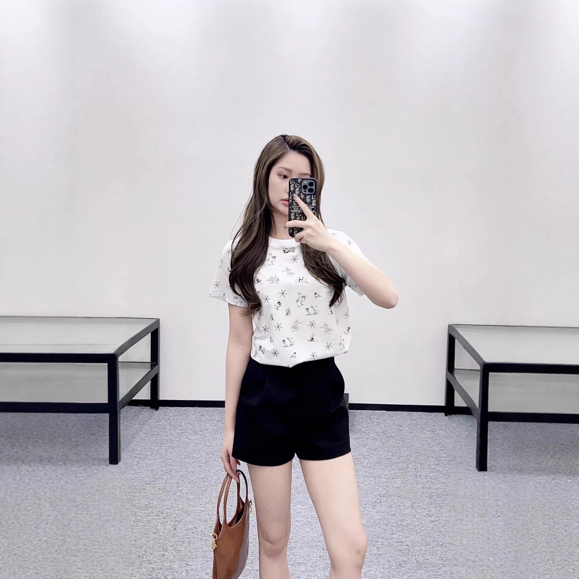 White Long Sleeve Print Top Light Gray Patterned Wide Leg Pants Casual Outfit