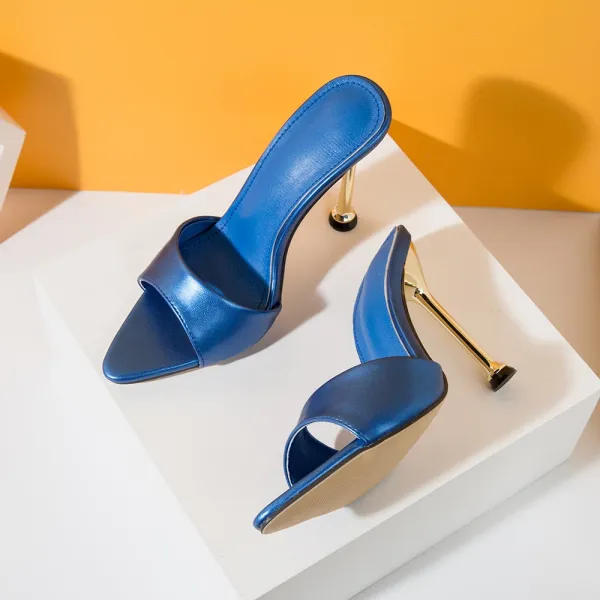 Design Metallic Blue Open-Toe Mule Heels - 3