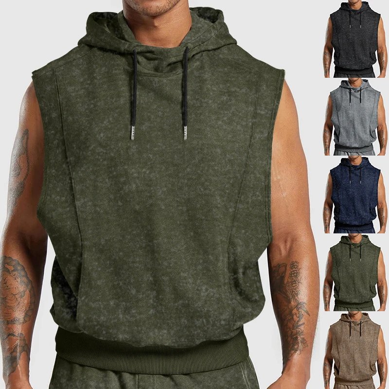 Design Sleeveless Hoodie Navy Acid Wash Vest-Top - 3