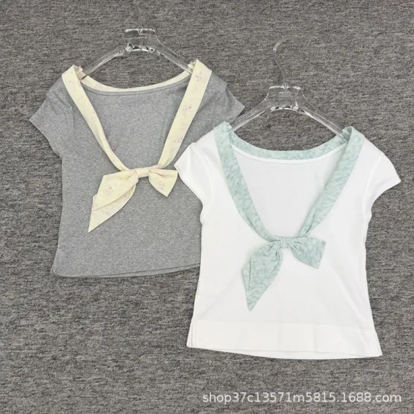 Design Bow-Neck Tie Detail White T-Shirt with Mint Green Trim - 8