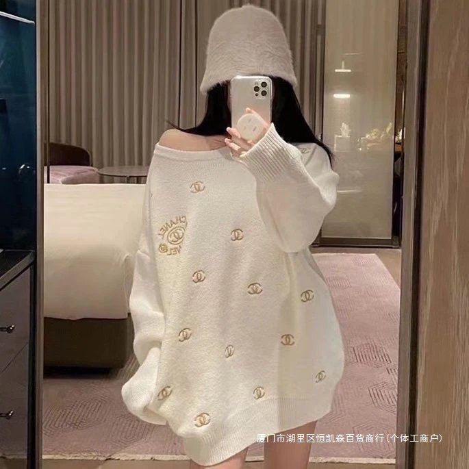 Chanel Logo Embroidered Black Oversized Sweater - 5