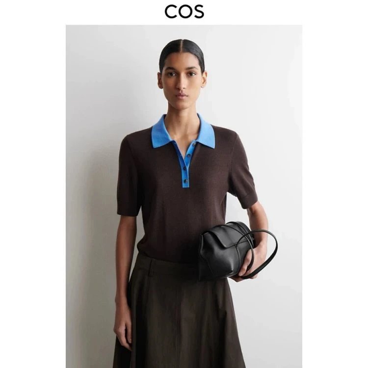 COS Knit Polo Shirt Brown Blue Contrast Collar