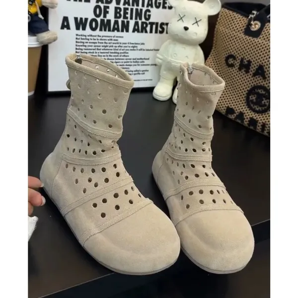 Design Perforated Suede Ankle Boots Beige Boots - 11