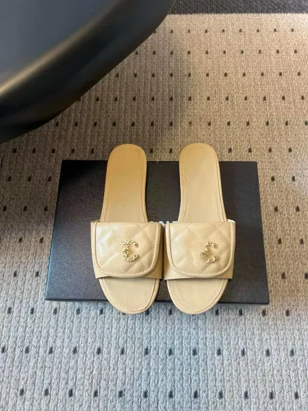 Chanel Quilted CC Logo Slide Sandals Beige Slippers - 5