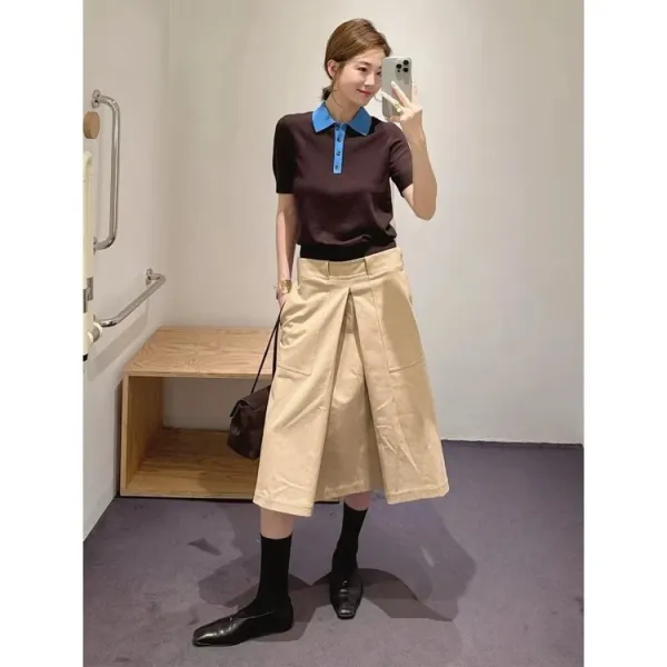 Design COS Color-Block Knit Polo Brown with Blue Collar Tops Polo - 8