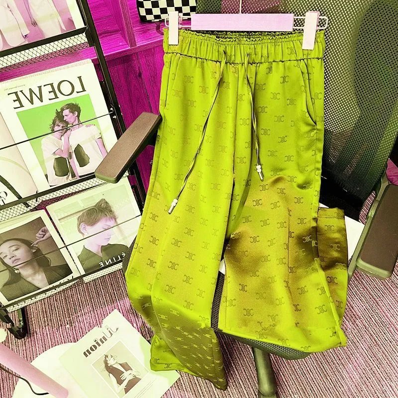Design Logo-Print Satin Wide-Leg Pants Lime Green - 10
