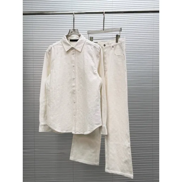 Design Textured Cotton Shirt and Wide-Leg Pants Set White - 1