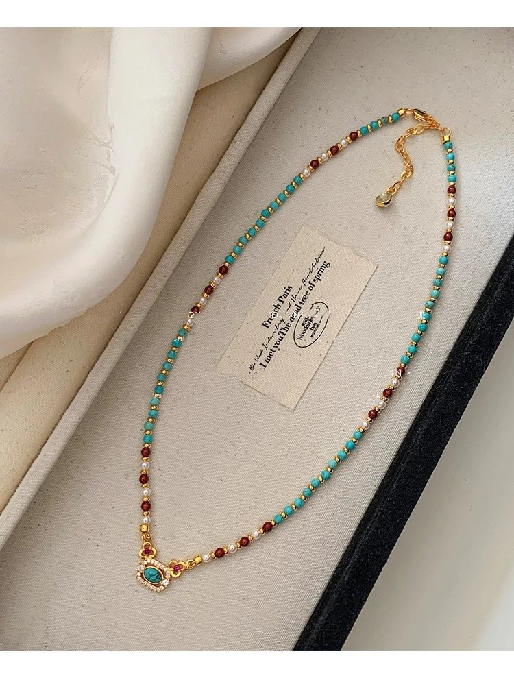 Design Turquoise and Coral Beaded Bracelet with Pearl Accents and Gold-Tone Clasp Jewelry - 9