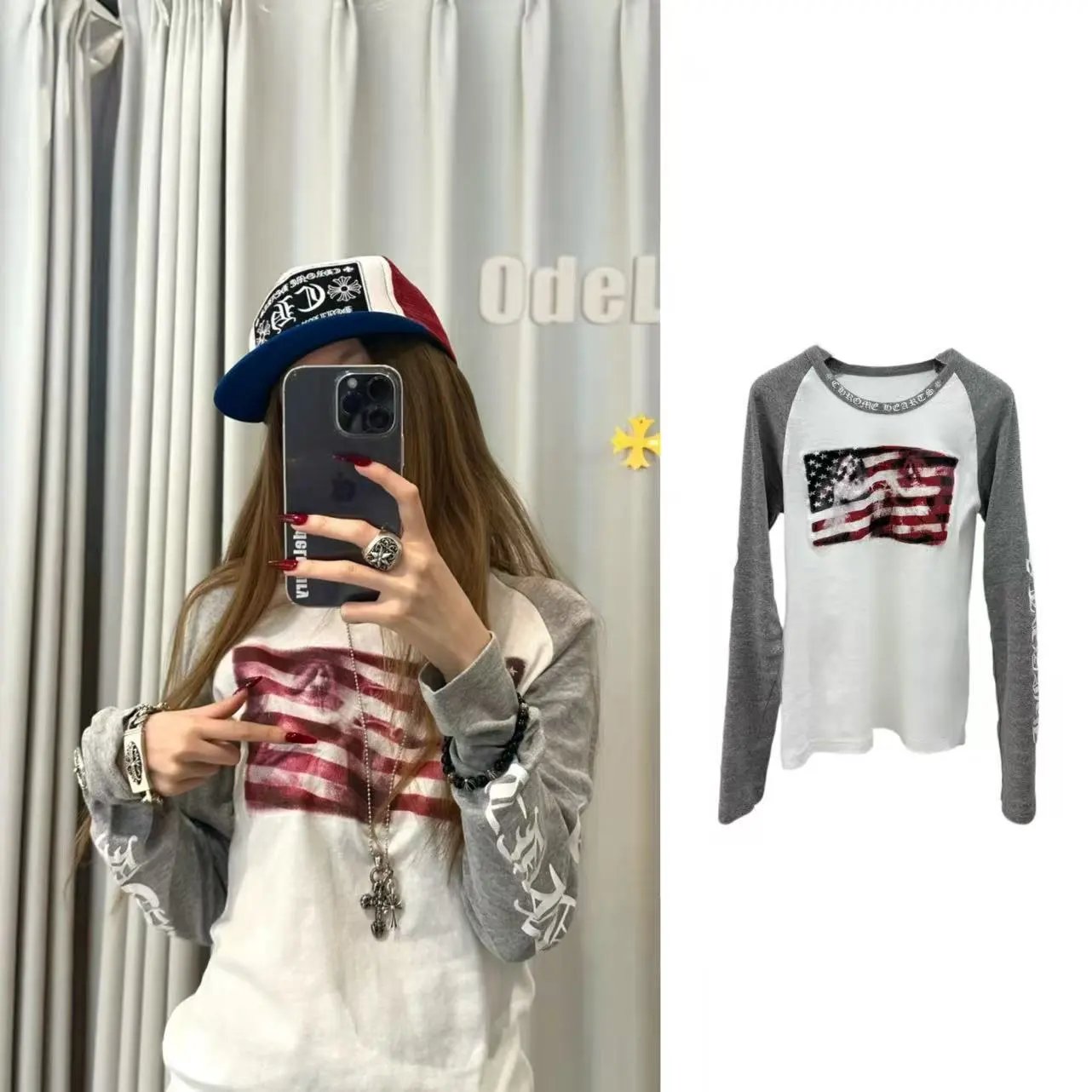 Vintage Flag Color-Block Long-Sleeve T-Shirt