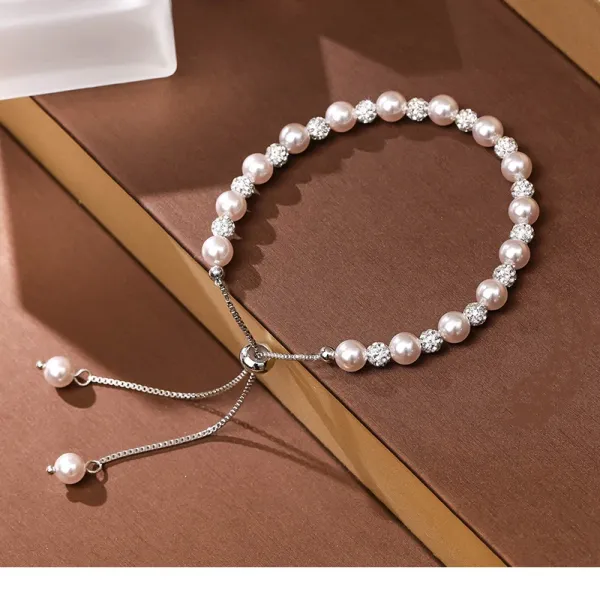 Design Pearl and Crystal Beaded Adjustable Bracelet Pink Silver Jewelry - 2
