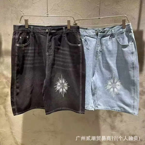Amiri Star Embroidered Denim Shorts Black and Light Wash - 1