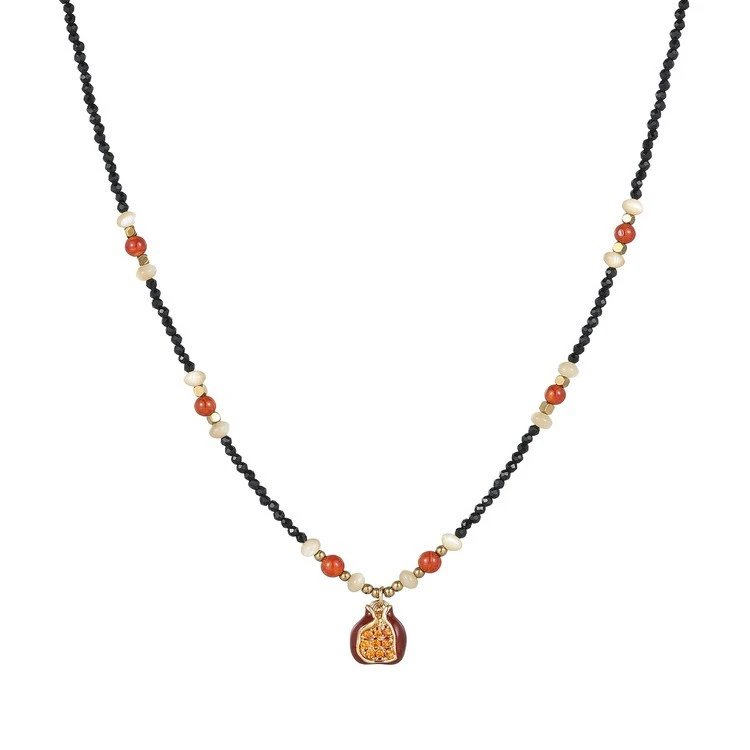 Pomegranate Pendant Necklace Black Beaded Orange White Bohemian
