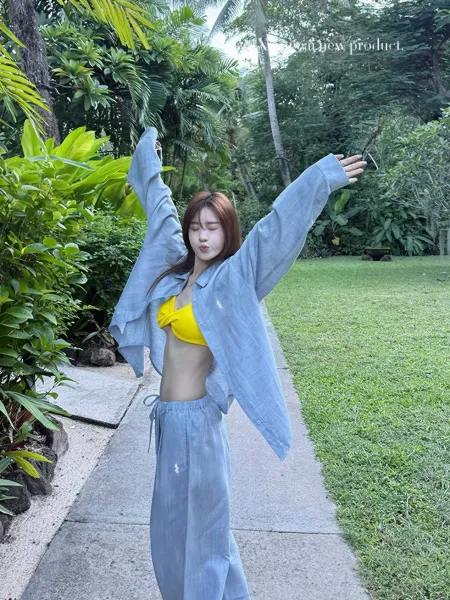Design Light Blue Linen-Blend Shirt and Wide-Leg Pants Set - 8