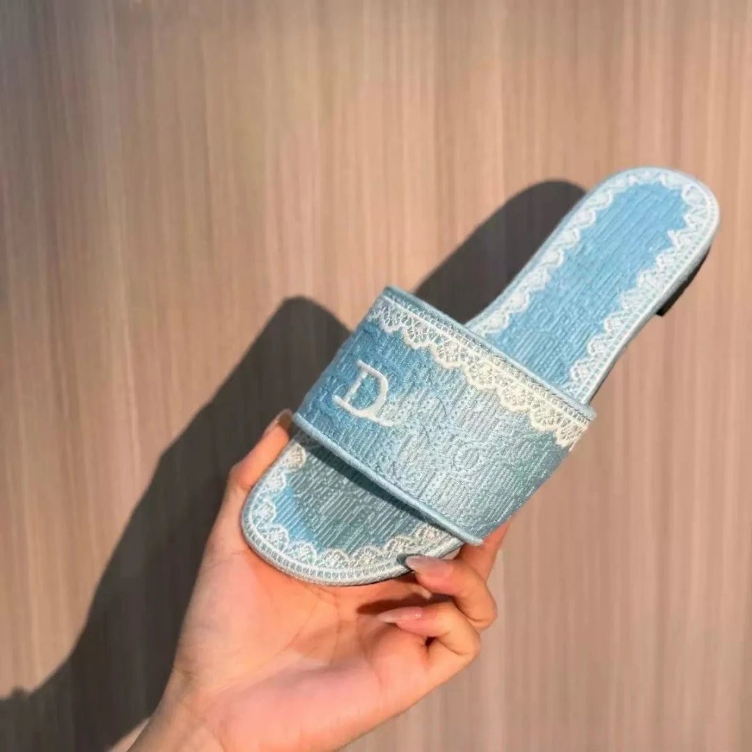 Dior J'Adior Slide Sandals Light Blue Lace-Trimmed Slippers