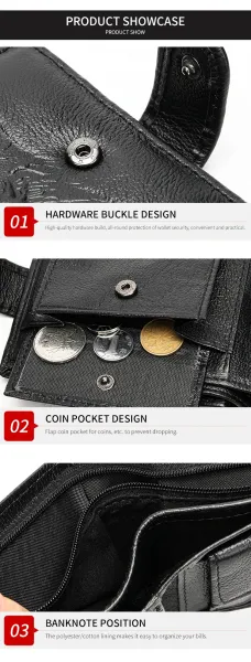 Design Wolf Embossed Leather Short Wallet Black Short Wallet - 8
