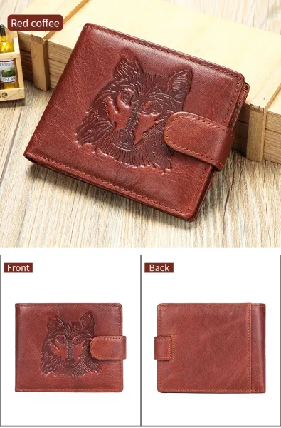 Design Wolf Embossed Leather Short Wallet Black Short Wallet - 9