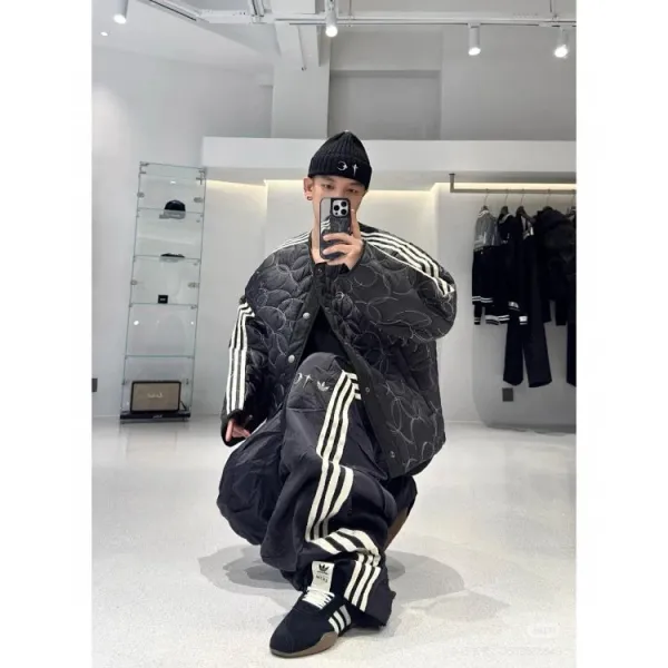 Adidas Originals Quilted Track Jacket Black with White Stripes Outerwear - 10