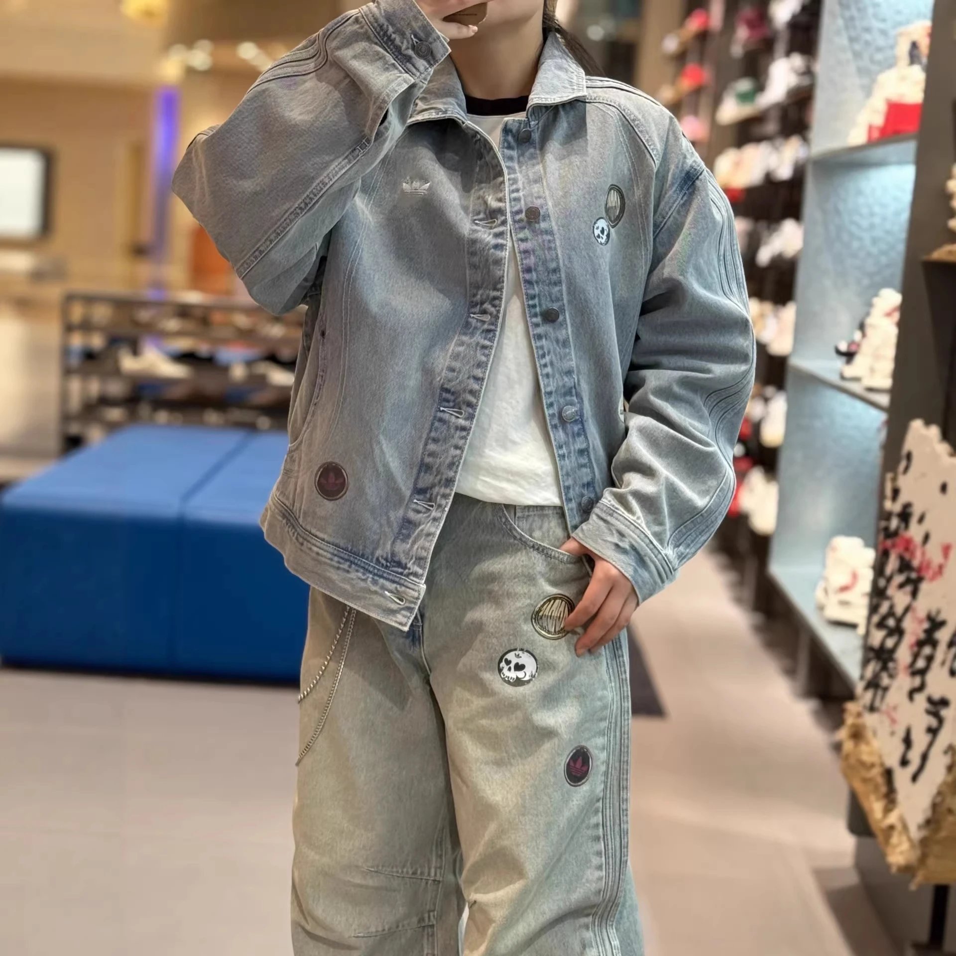 Denim Jacket Light Blue Patchwork Casual